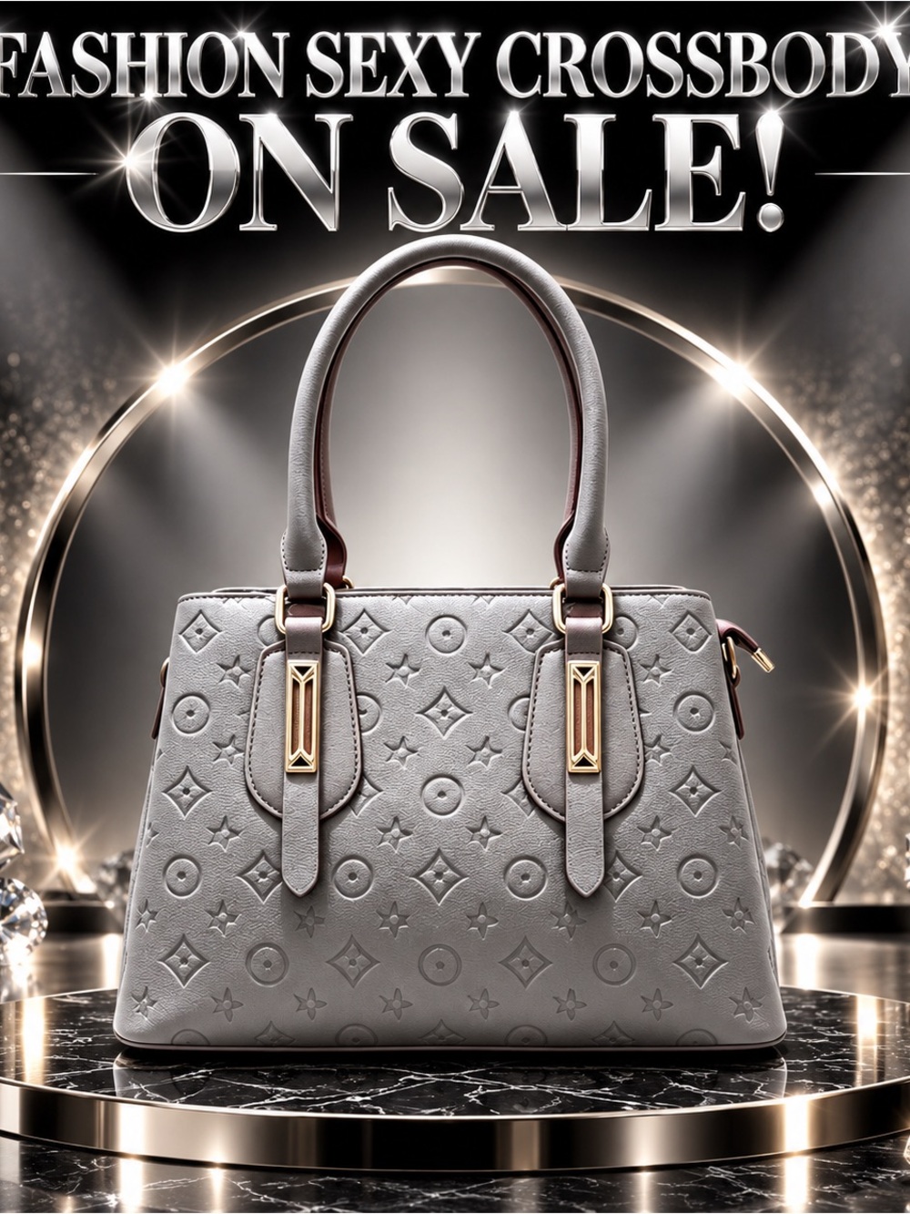 Elegant Gray Embossed Leather Top-Handle Bag - Designer Style